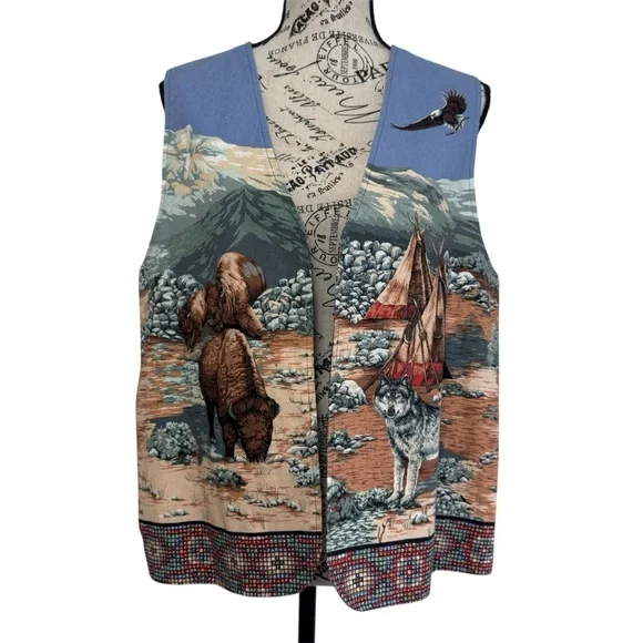 Vintage 80s Handmade Native American Themed Vest with Horse and Buffalo - Picture 2 of 7